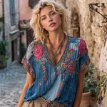 Women's Pink Floral Embroidered Art V-neck Linen Blend T-shirt - Image 2