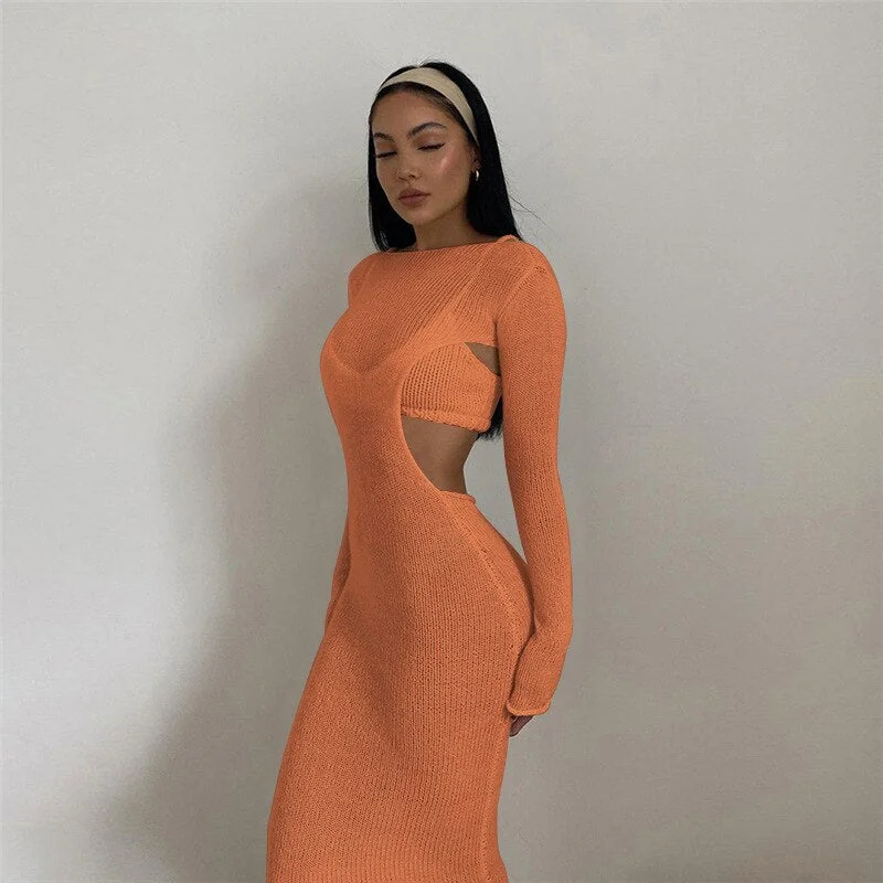 Knitted Sweater 2 Piece Set Suit Women Sexy Bacless Long Sleeve Maxi Bodycon Dress And Spaghetti Strap Cropped Top Outfits Set