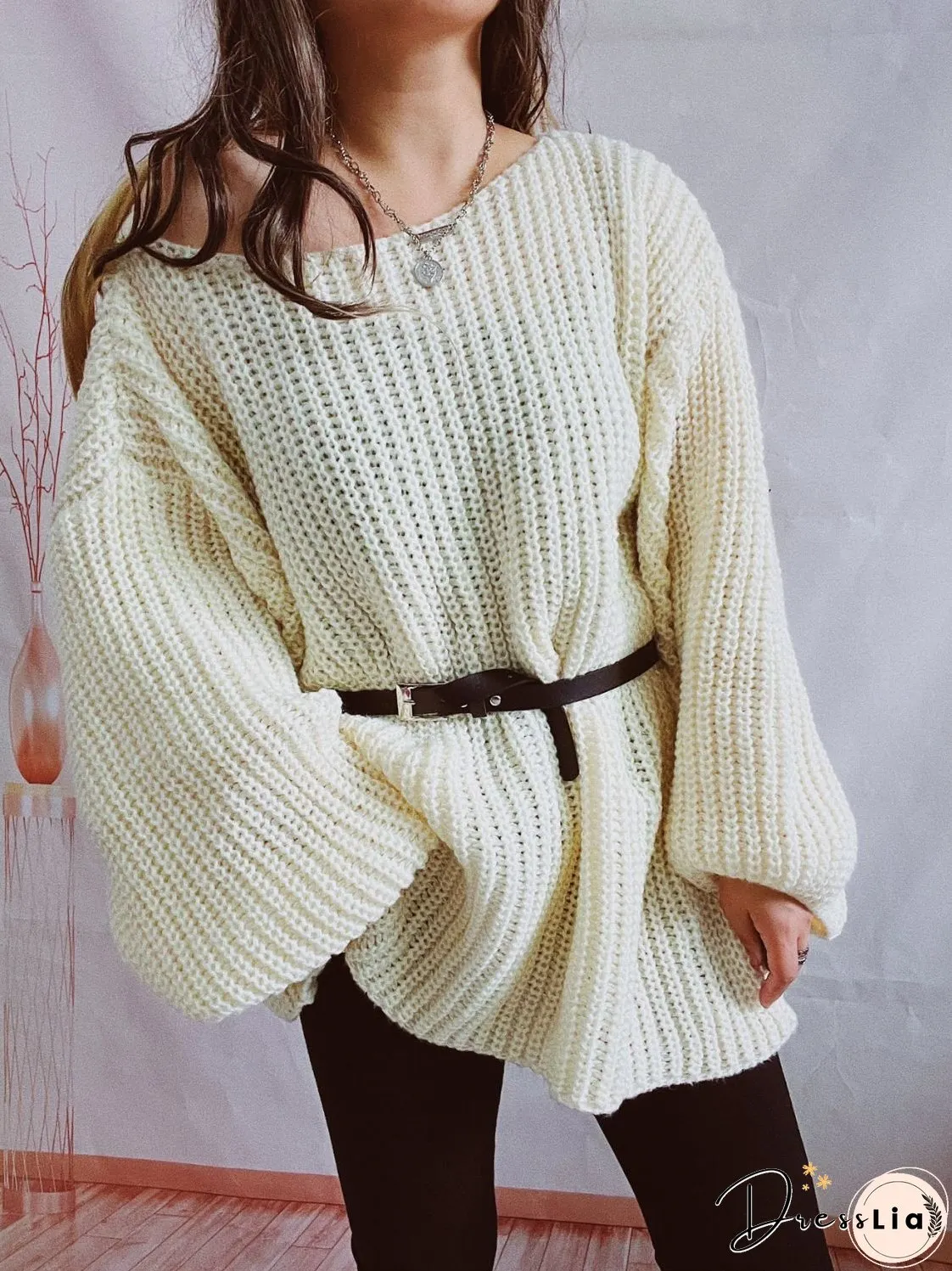 Boat Neck Long Sleeve Sweater with Belt