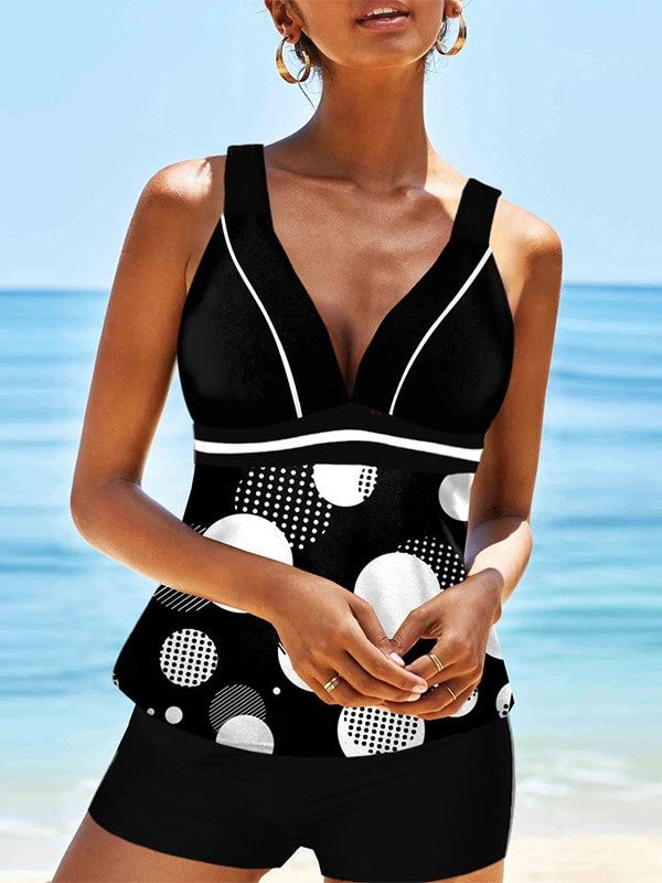 Plus Size Swimwear Sleeveless Floral Printed Polka Dot Tankini