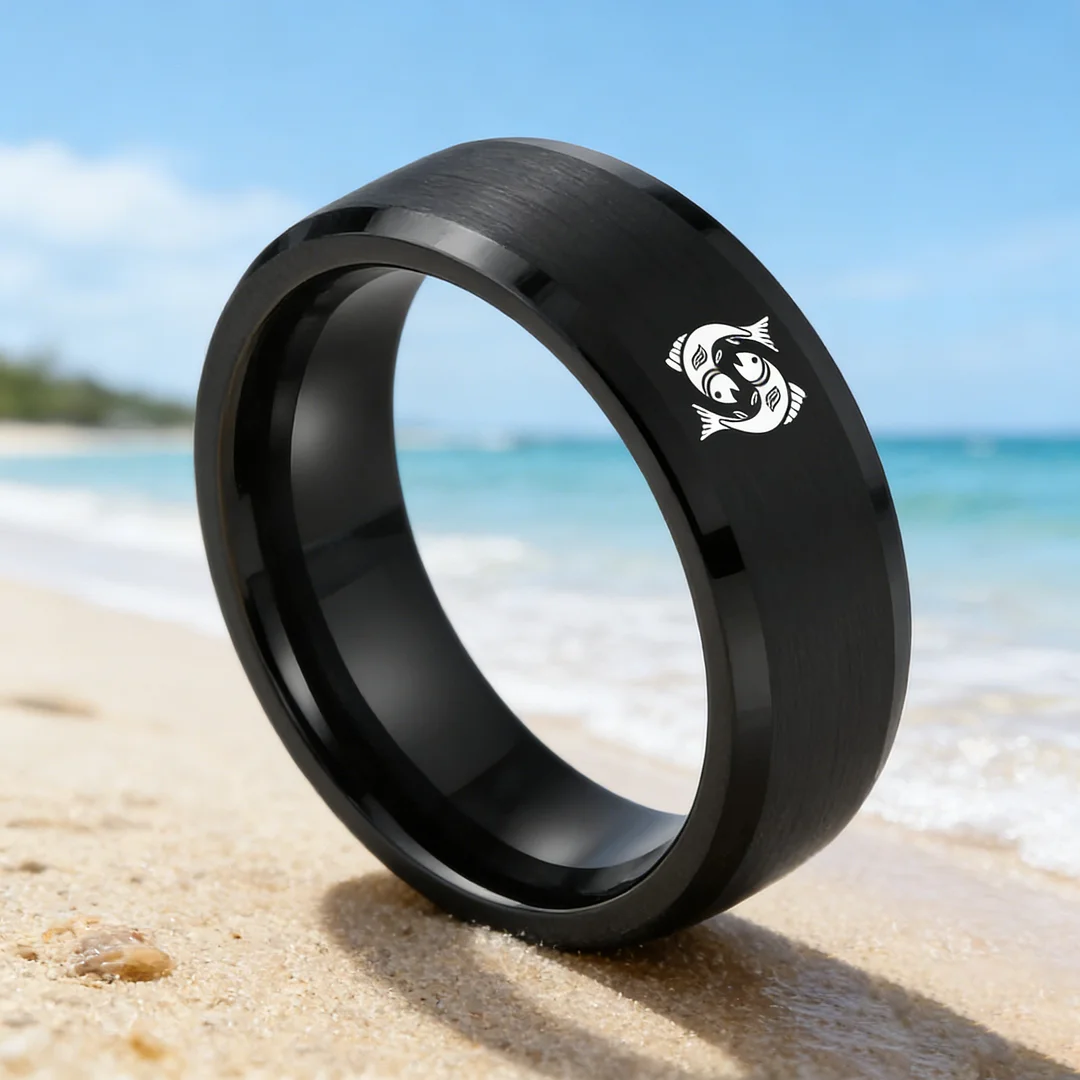 Pisces Tungsten Carbide Rings Black Flat Wedding Bands Comfort Fit Mens and Womens 4MM 6MM 8MM