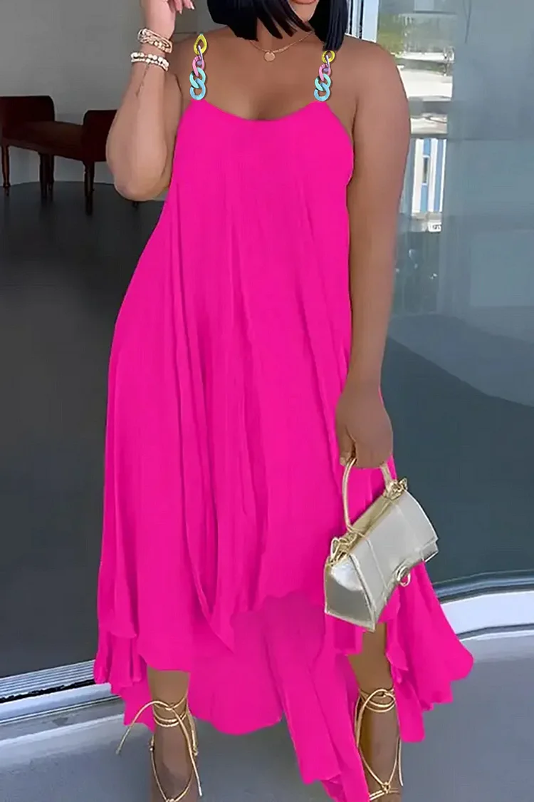 Plus Size Pink Vacation Chains Asymmetrical Solid Midi Dresses 