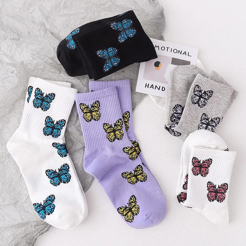 3Pair Fashion Butterfly Cotton Women Street Socks Harajuku Skateboard Tube Socks Korea Hip Hop Autumn Thick Indoor Floor Sock