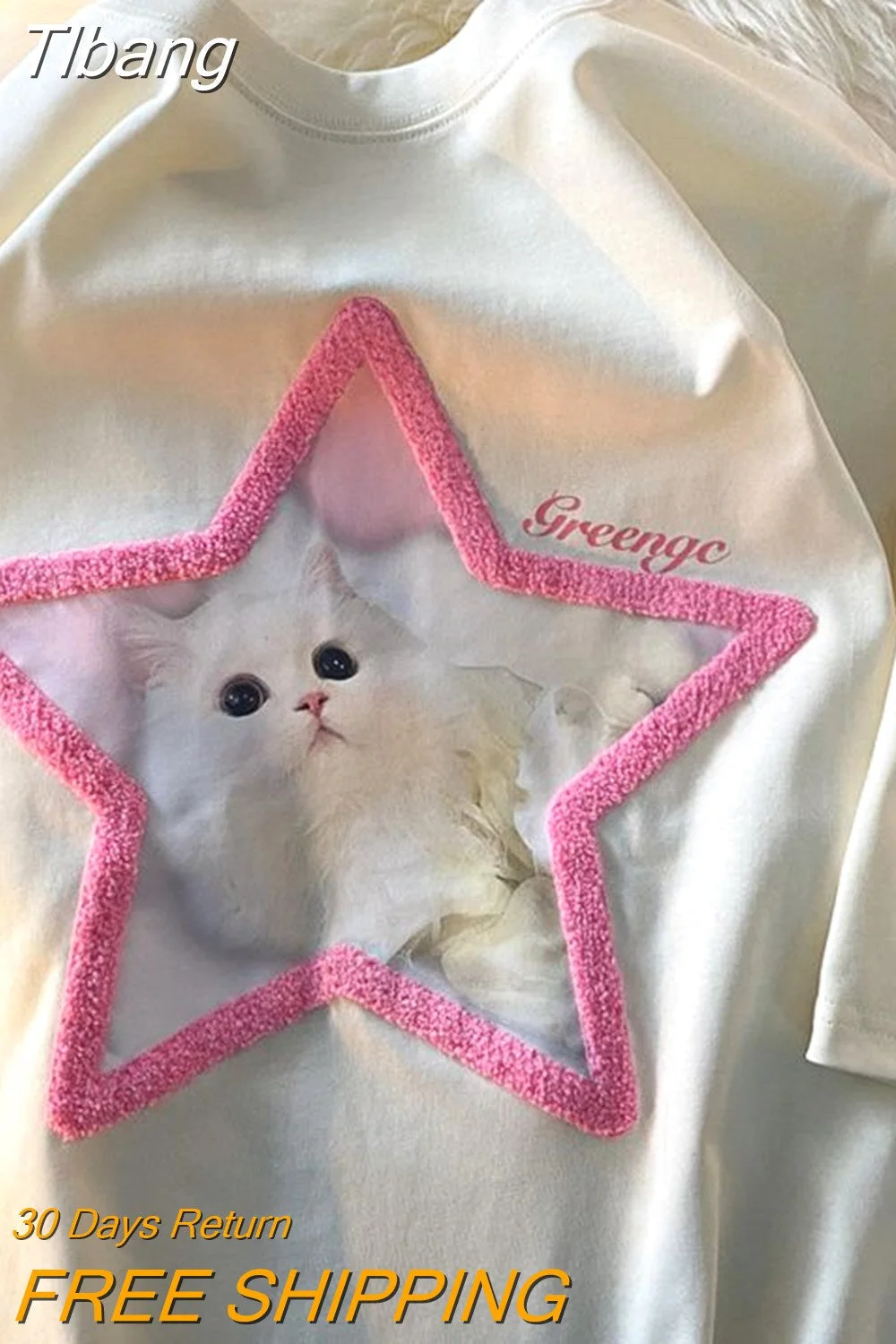 Tlbang Creative 3D Star Cartoon Cat Print T Shirts Vintage Y2K Kawaii Tee Summer Cotton O-neck Tops Loose Casual Teenage Girls