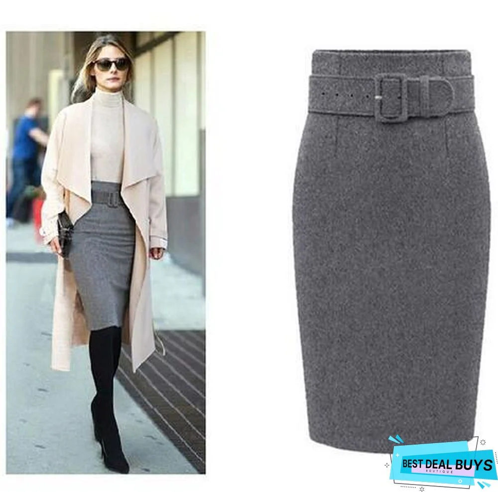 Autumn Winter Women Plus Size Thick Woolen Skirts Slim Belt Office Long Midi Skirt Step A-line Skirt Saias Longa Faldas Mujer