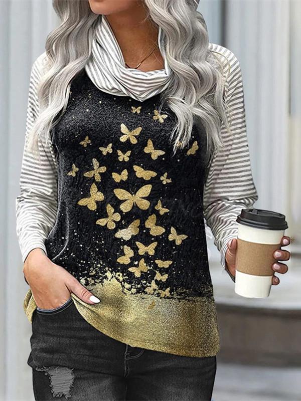 Women Long Sleeve Scoop Neck Striped Stitching Top