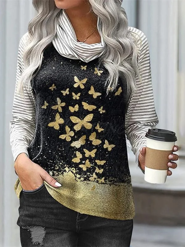 Women Long Sleeve Scoop Neck Striped Stitching Top