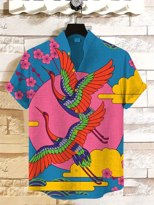 Men's Sunset Sakura Crane Pop Art Print Linen Blend Shirt