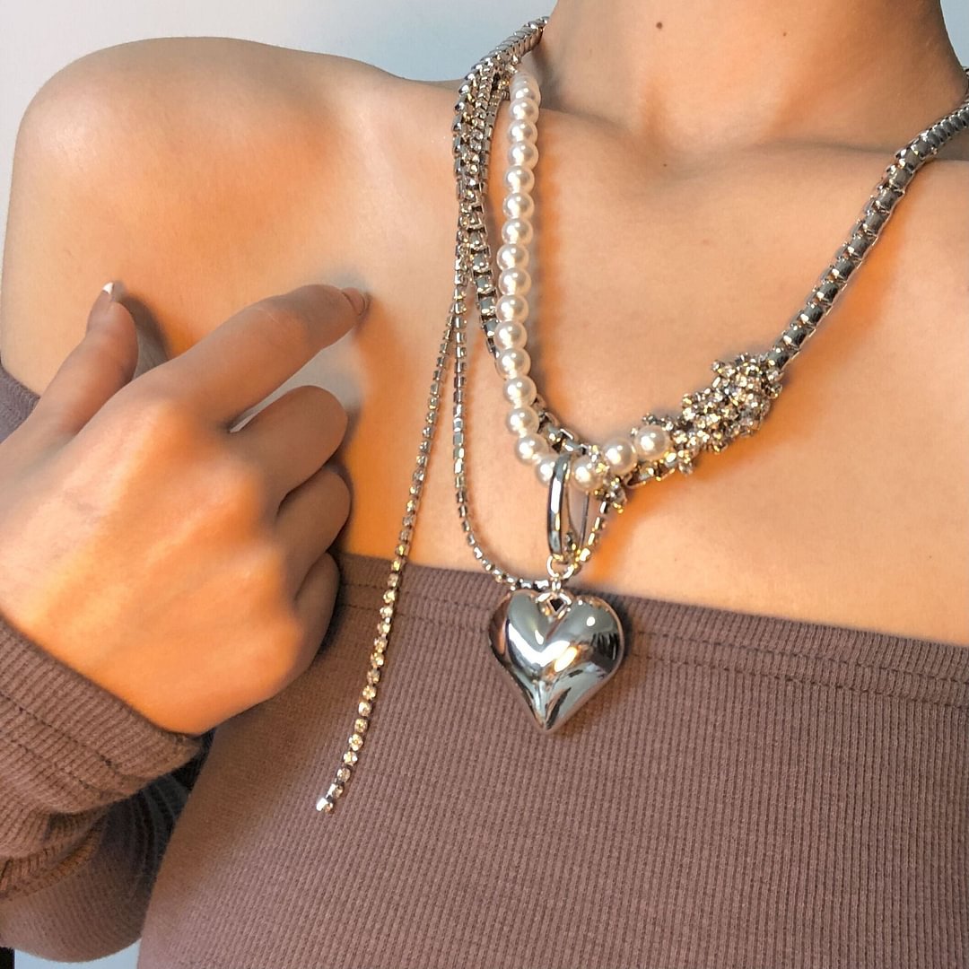 Double Layer Large Love Heart Shaped Pearl Five Gold Necklace