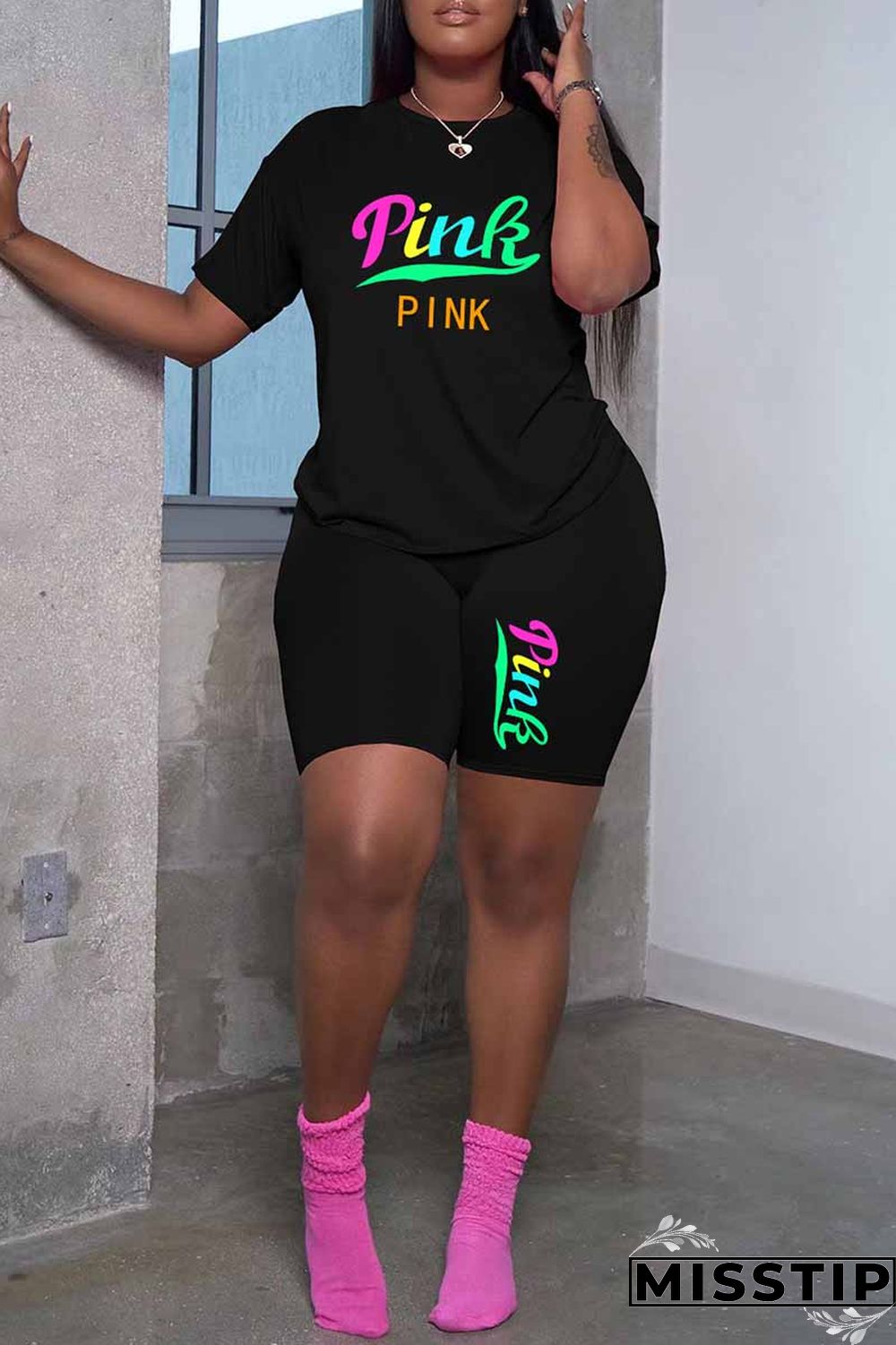 Grey Casual Print Letter O Neck Short Sleeve Two Pieces