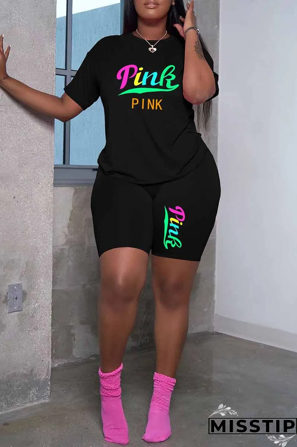 Grey Casual Print Letter O Neck Short Sleeve Two Pieces