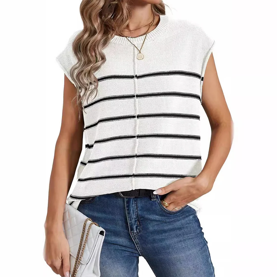 Wongn Wongn Women's Knit Sweater Vest Sleeveless Jumper Striped Seam Bone Stitching Casual Women's Top