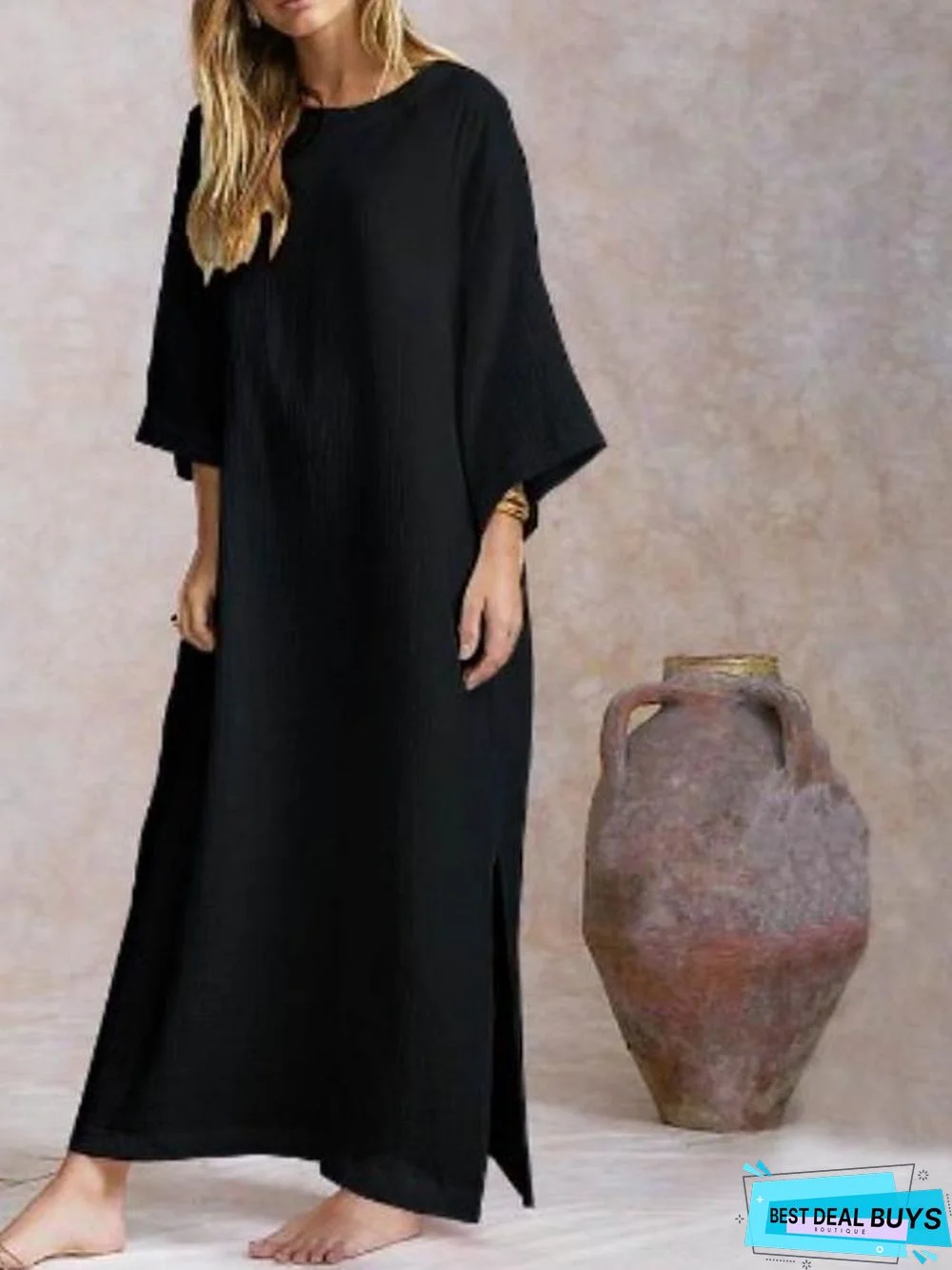 Women's Loose Maxi Long Dress 3/4 Length Sleeve Solid Color Split Spring Summer Hot Cotton White Black Khaki White Dresses