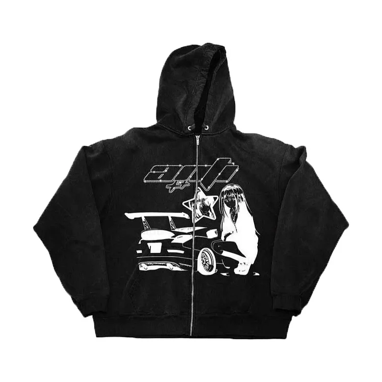 Cartoon Anime Print Zip Up Hoodie Y2k Graphics Goth Sweatshirt at Hiphopee