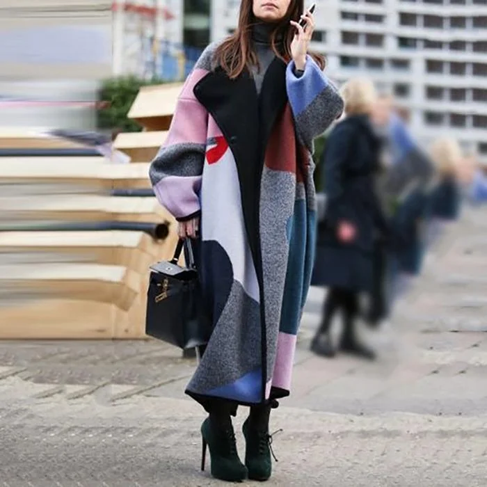 Chic Contrast Color Puff Sleeve Coat