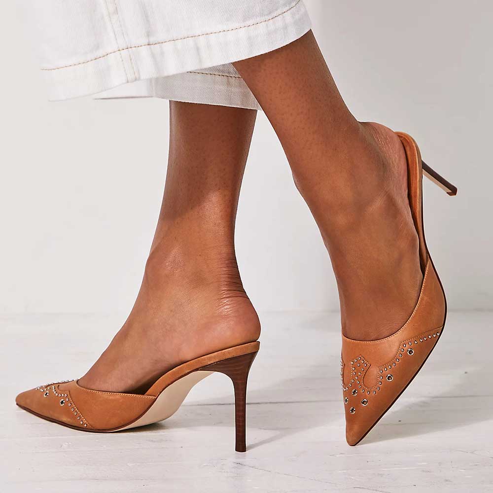 Brown Vegan Leather Pointed Toe 4'' Stiletto Heel Studded Mules Nicepairs