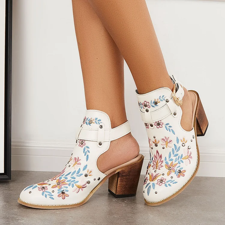 White Cutout Embroidered Chunky Heels Ankle Strap Slingback Sandals