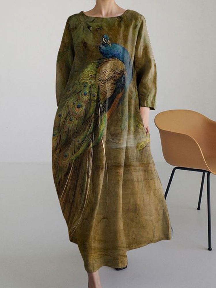Comstylish Japanese Peacock Art Vintage Long Sleeve Midi Dress