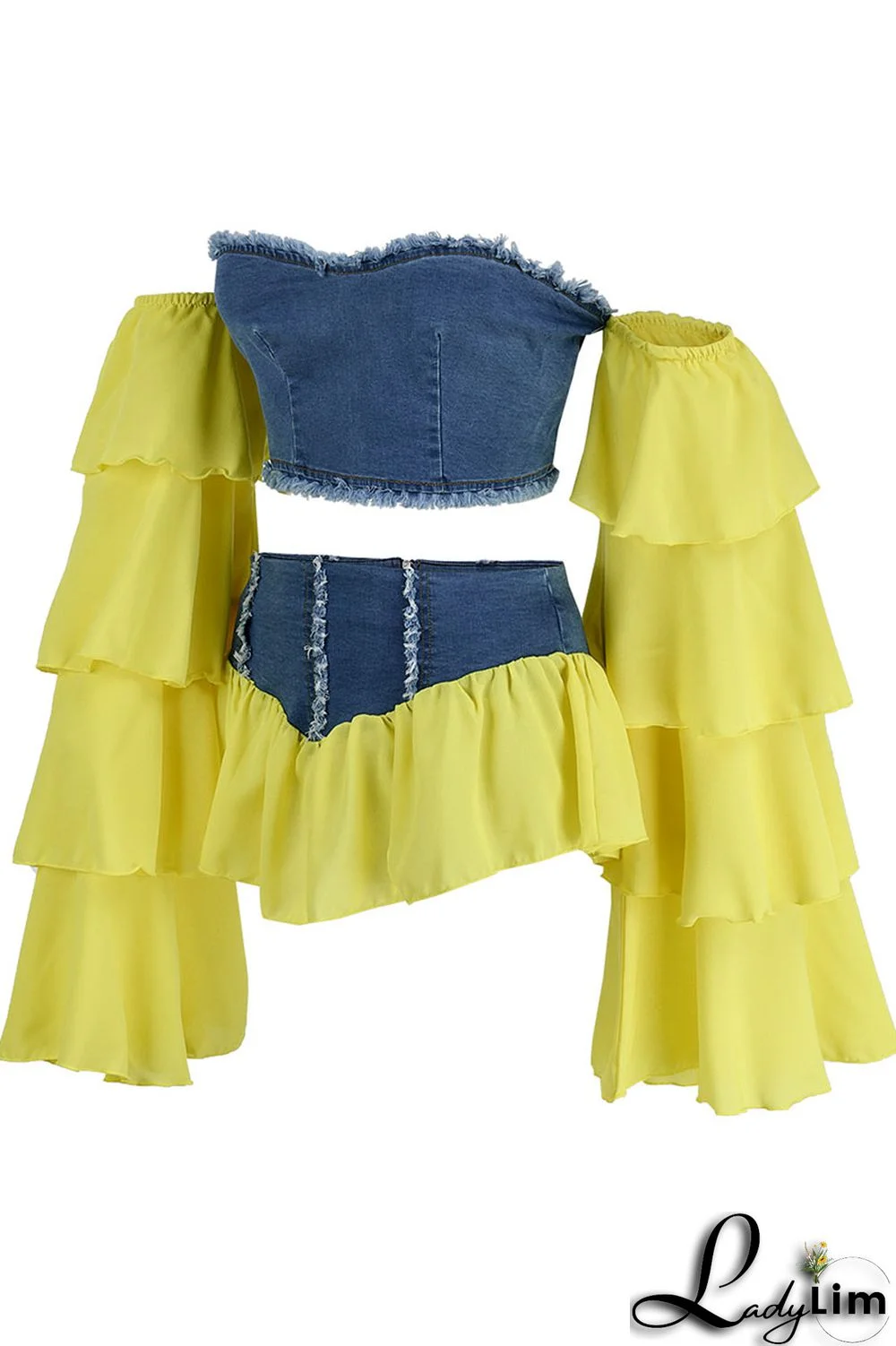 Yellow Fashion Sexy Patchwork Backless Off the Shoulder Long Sleeve Two Pieces