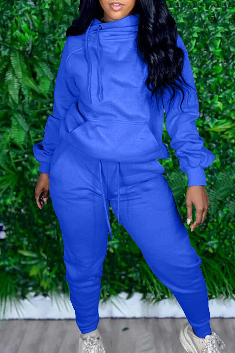 Blue Casual Solid Patchwork Hooded Collar Plus Size Two Pieces