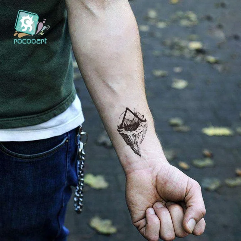 Free Shipping Planet Sun Mountain Pine Tree Temporary Tattoos Sticker Triangle Wave Tattoo Body Art Arm Black Small Fake Tattoo