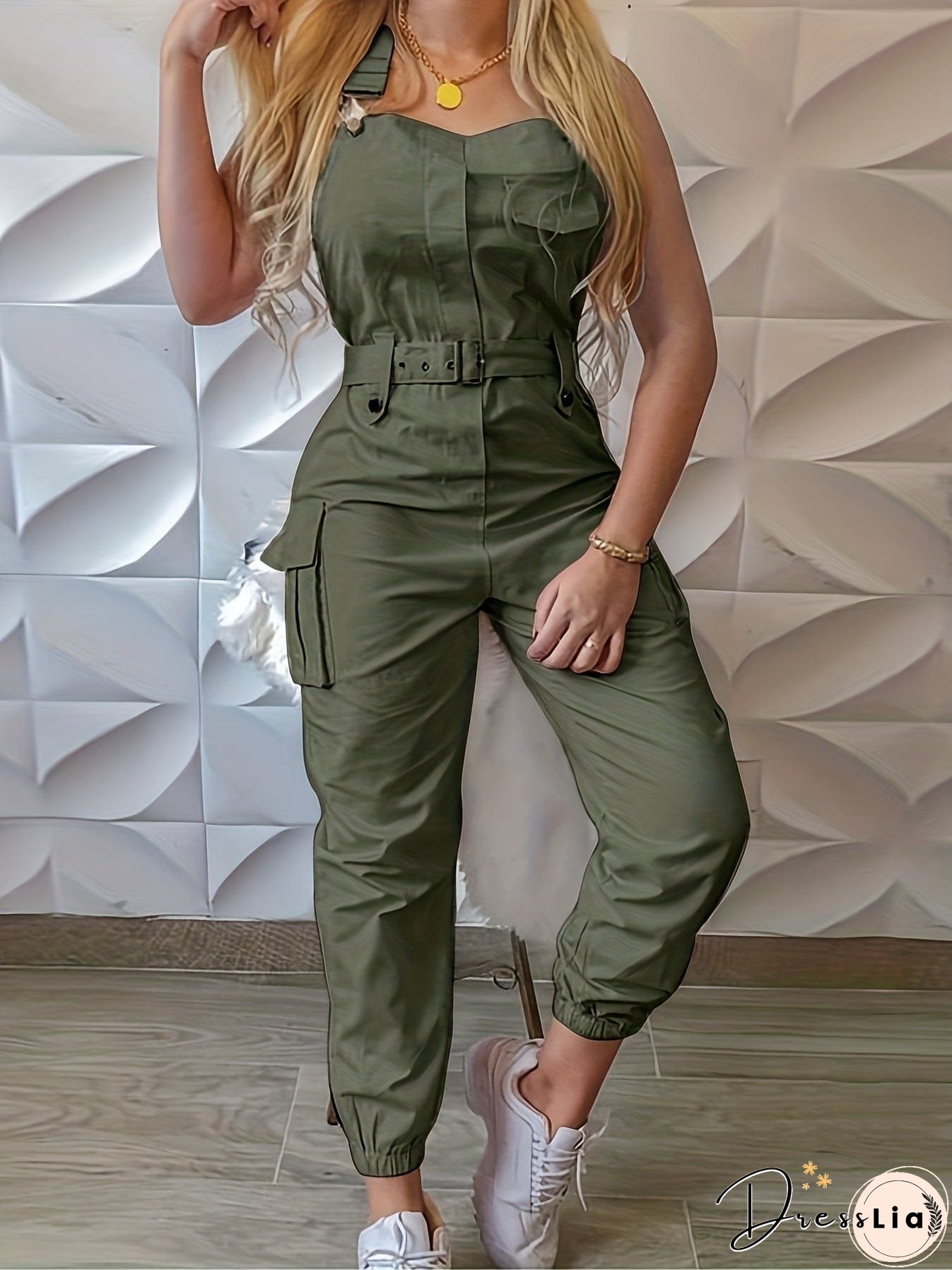 Casual Solid Color Belted Flap Pockets Jumpsuit