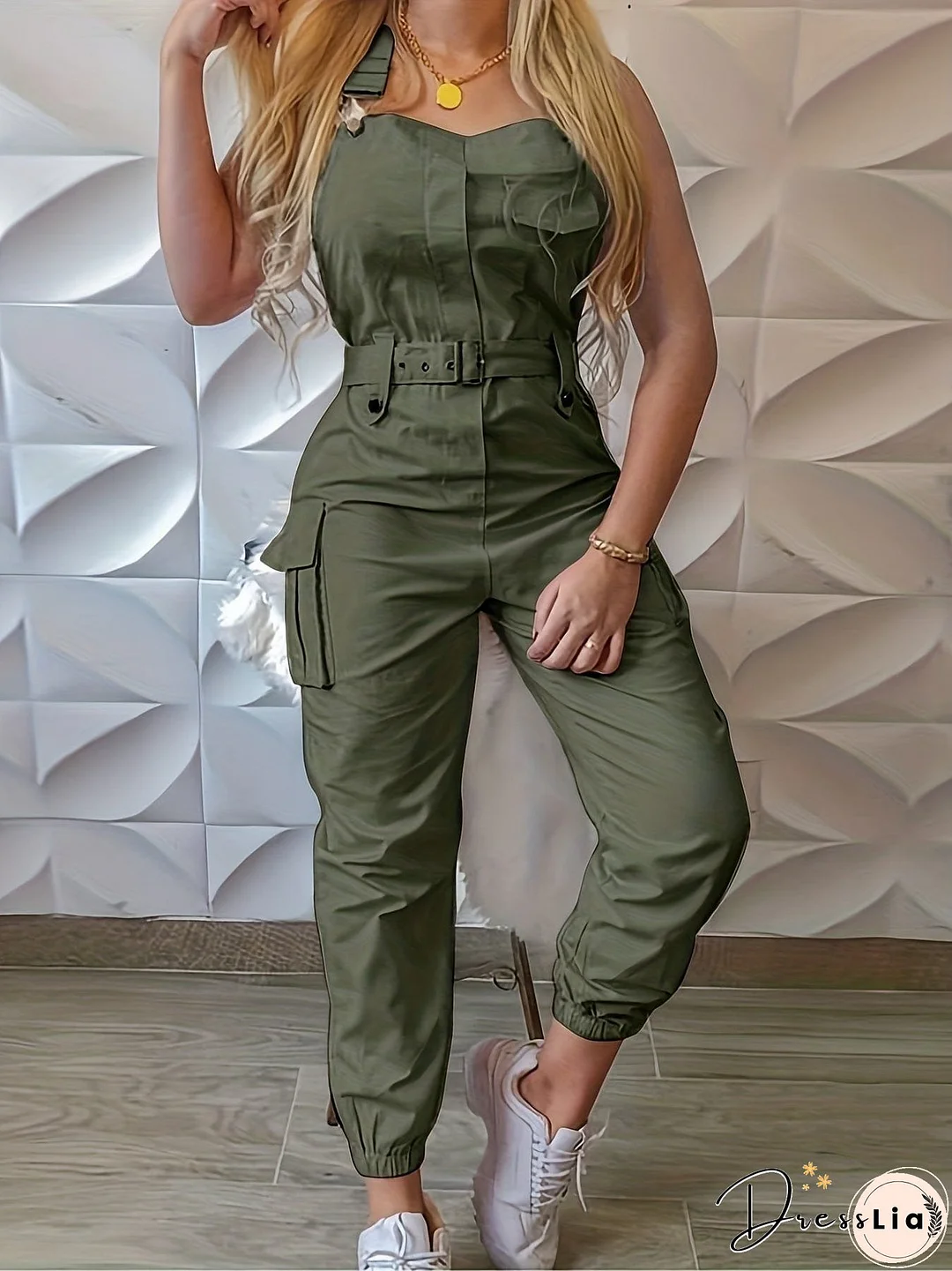 Casual Solid Color Belted Flap Pockets Jumpsuit