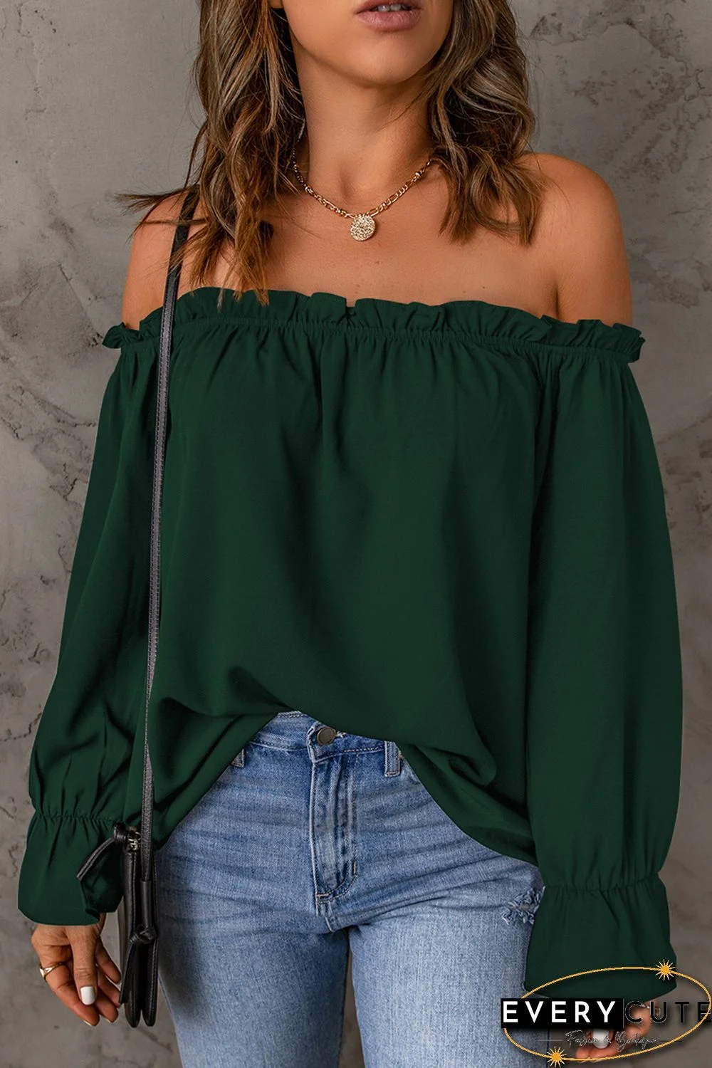 Green Frilled Off-shoulder Neckline Loose Blouse