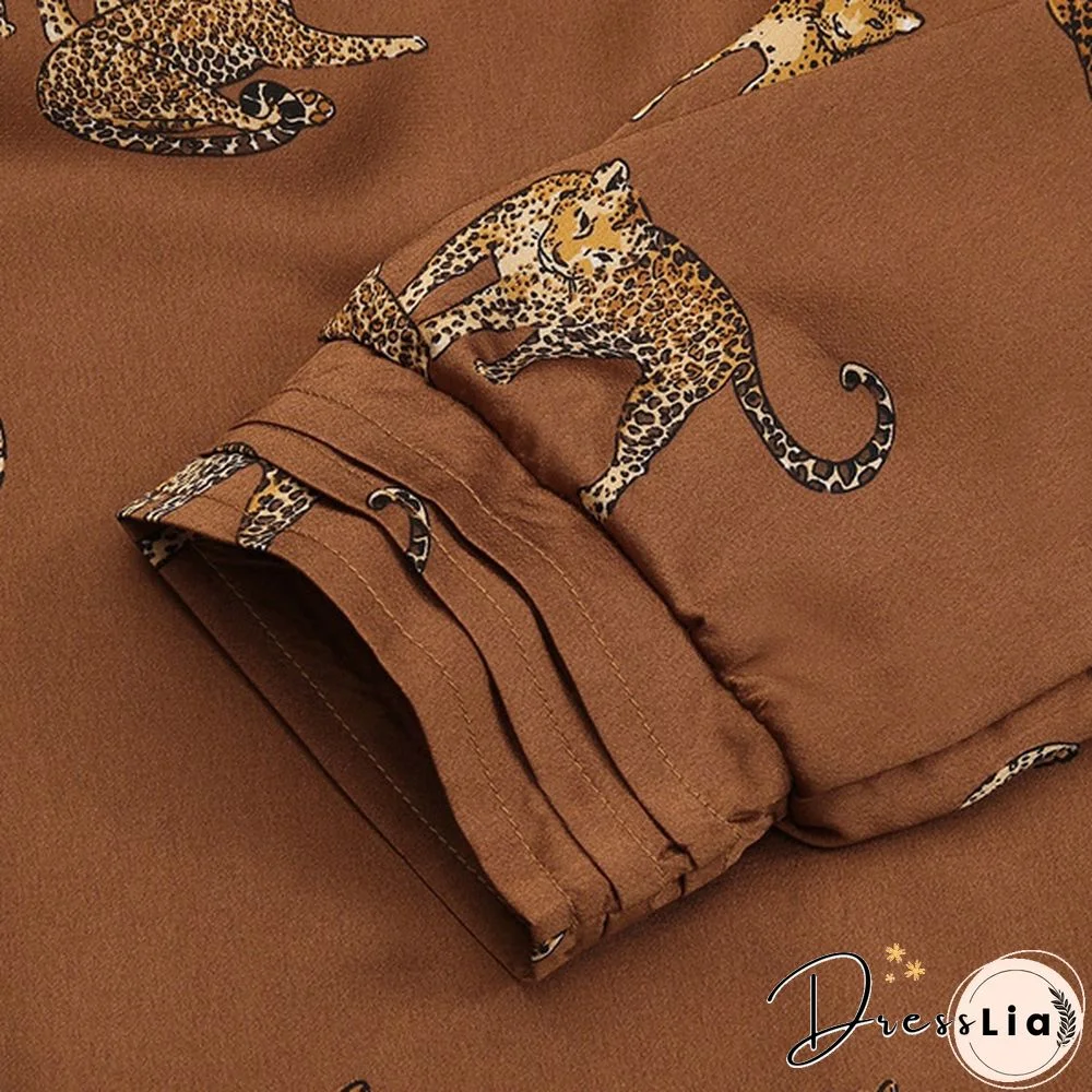 Celmia Women Long Sleeve Stand Collar Shirt Animal Print Tops Elegant Casual Loose Blouses Plus Size