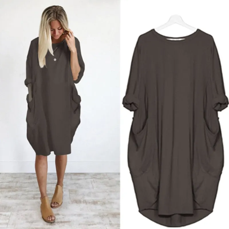 Autumn Solid Color Dress Women 2021 Fahsion Pocket O Neck Long Sleeve Loose Vintage Dresses Female Plus Size Casual Midi Dress