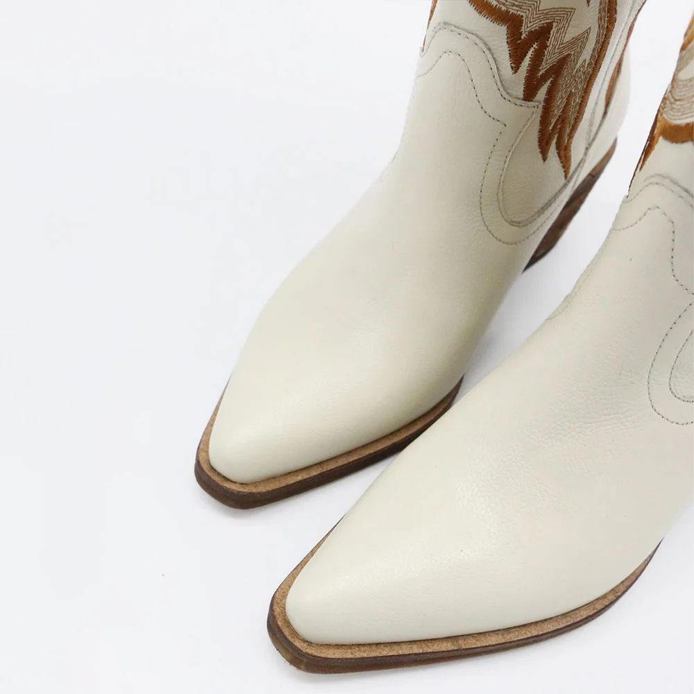 Ivory Chunky Heel Embroidered Snip Toe Western Cowgirl Boots for Women