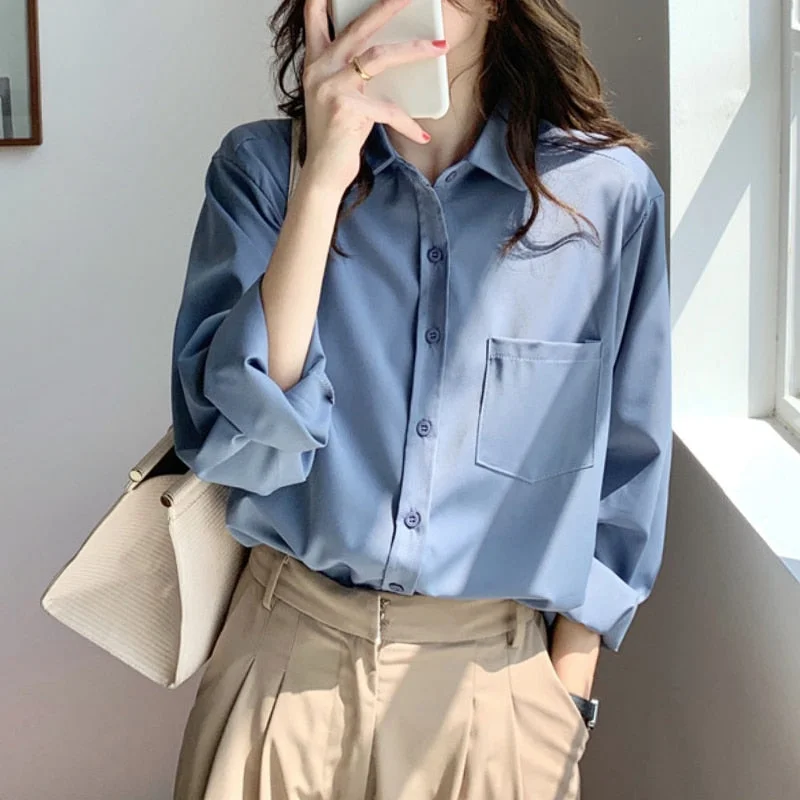 Autumn Women Vintage Solid White Shirt With Pockets Long Sleeve Korean Style Casual Chiffon Blouse Spring Office Lady Basic Tops