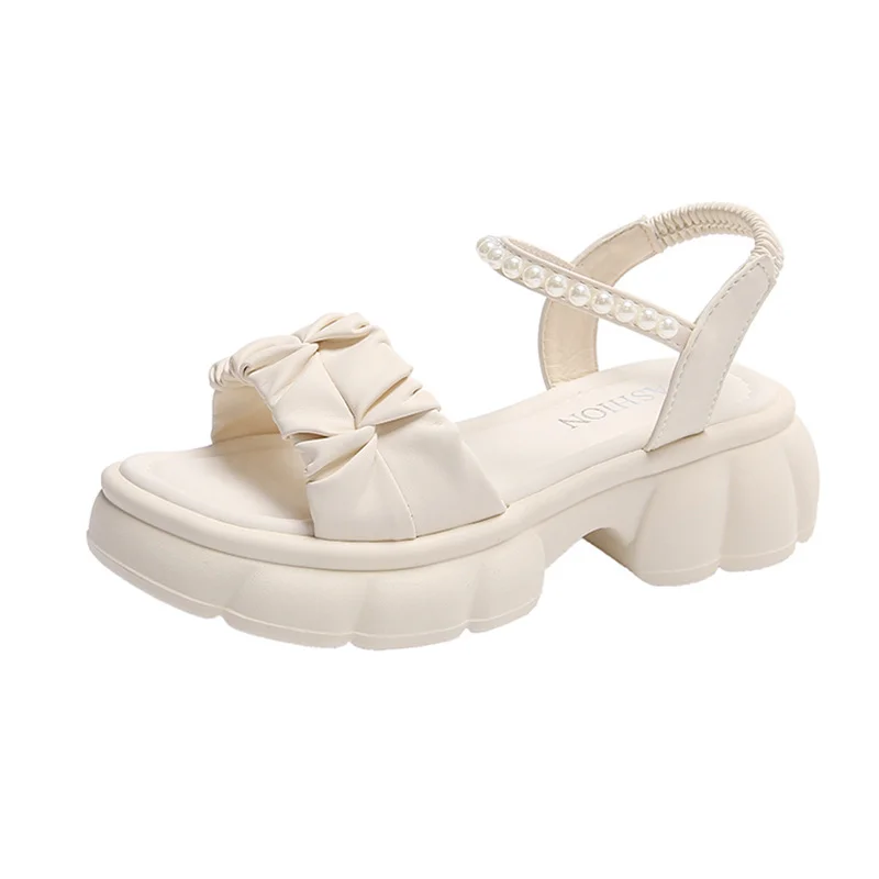 Woherb Woherb Girl 2024 New Summer Platform Pearl Flowers Girl Small Fresh With Skirt Beach Roman Sandals-Outfit Ideas