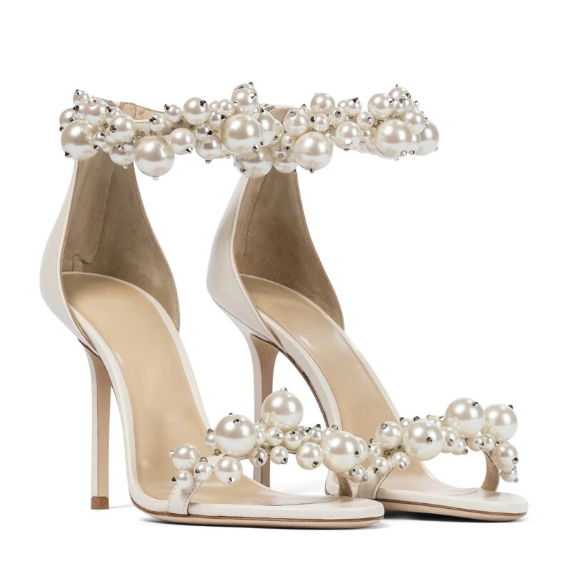 VCSHOES Glossy Pearl One Strap Sandals Female Thin Heels Wedding Shoe Cutout Open Toe Beads High Heels