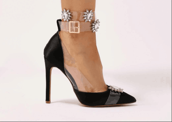 Custom Made Black Satin and PVC Clear Rhinestone Ankle Strap Pumps |FSJ Shoes