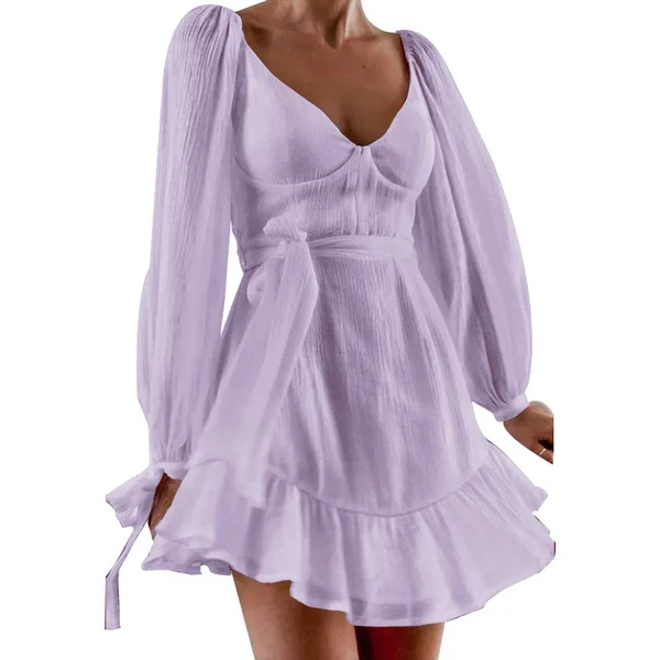 Fashion Women Mini Ruffle Dress Summer Long Sleeve Party Cocktail Dress