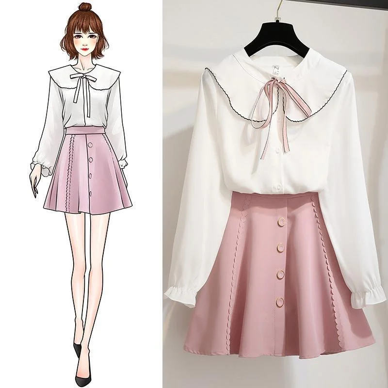 Sweet Lapel Blouse+Button Skirt P15791