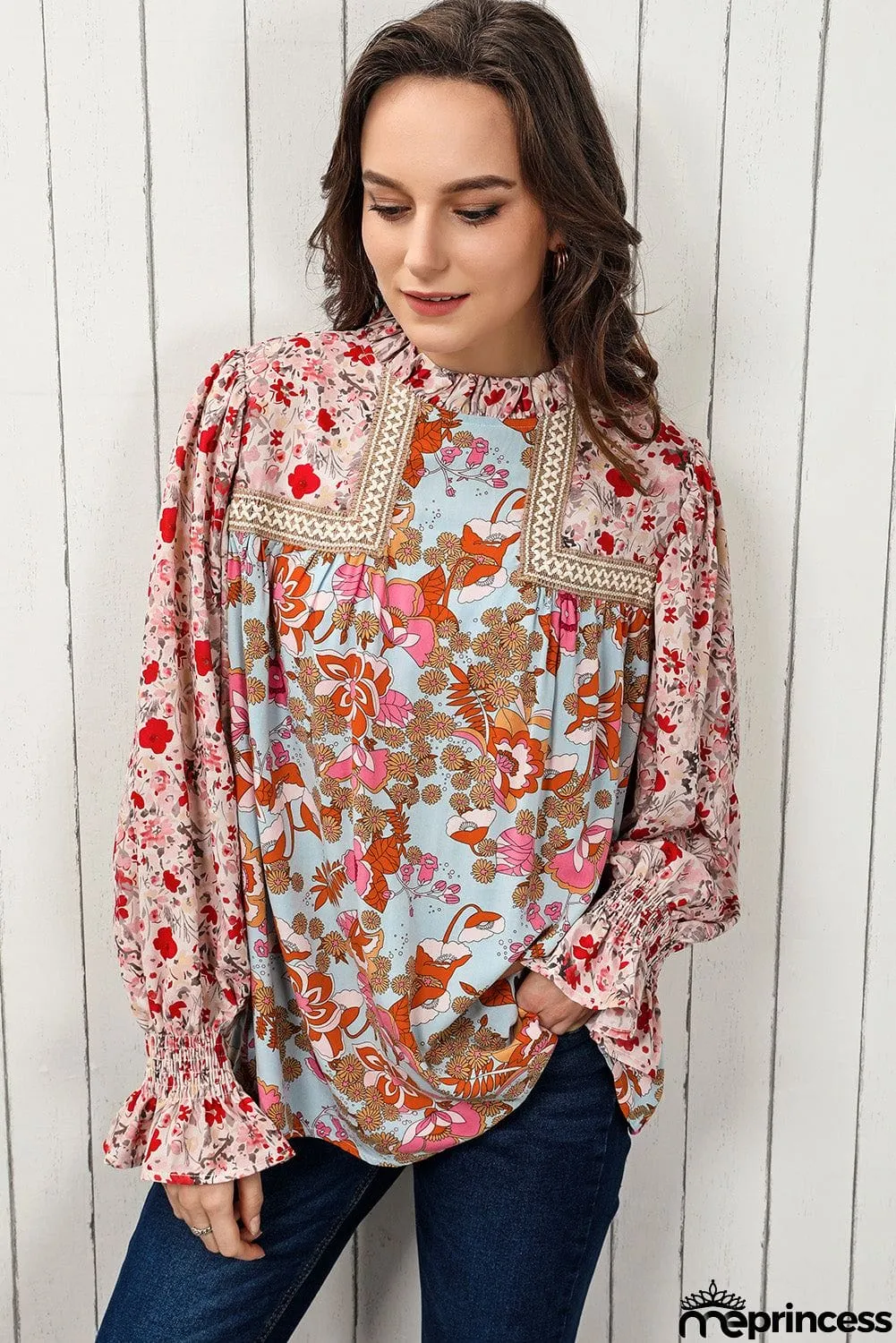 Floral Print Flounce Sleeve Mock Neck Blouse