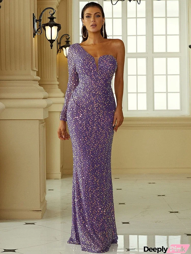 One Shoulder Long Sleeve Mermaid Hem Purple Sequin Formal Dress XH2199