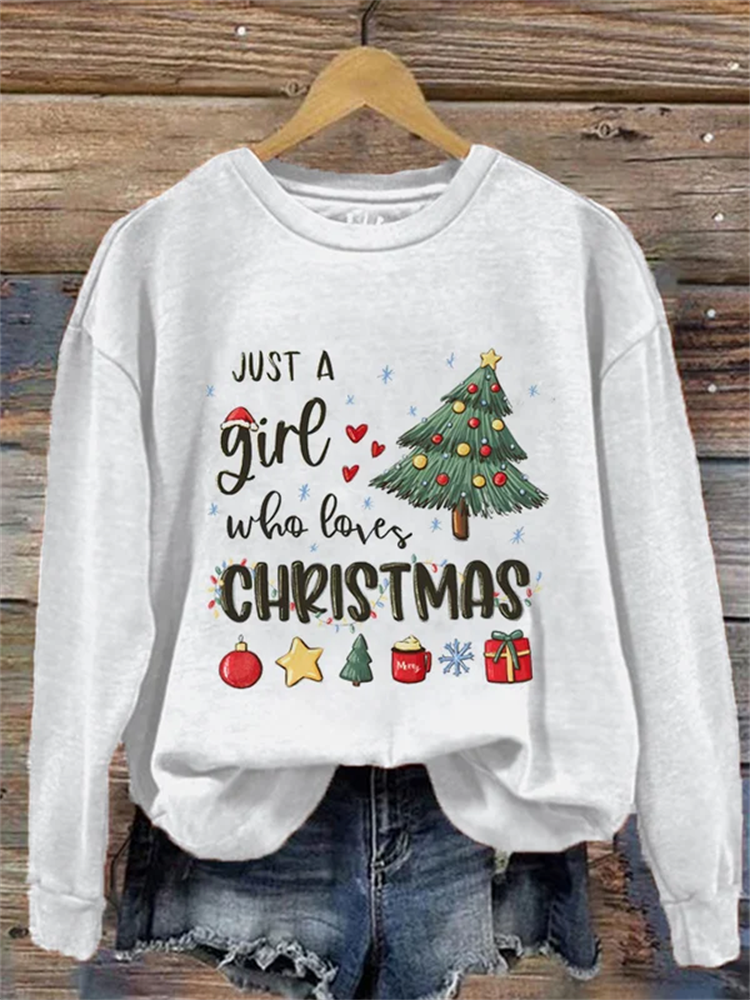 Comstylish Women's Just A Girl Who Loves Christmas Print Crew Neck Sweatshirt
