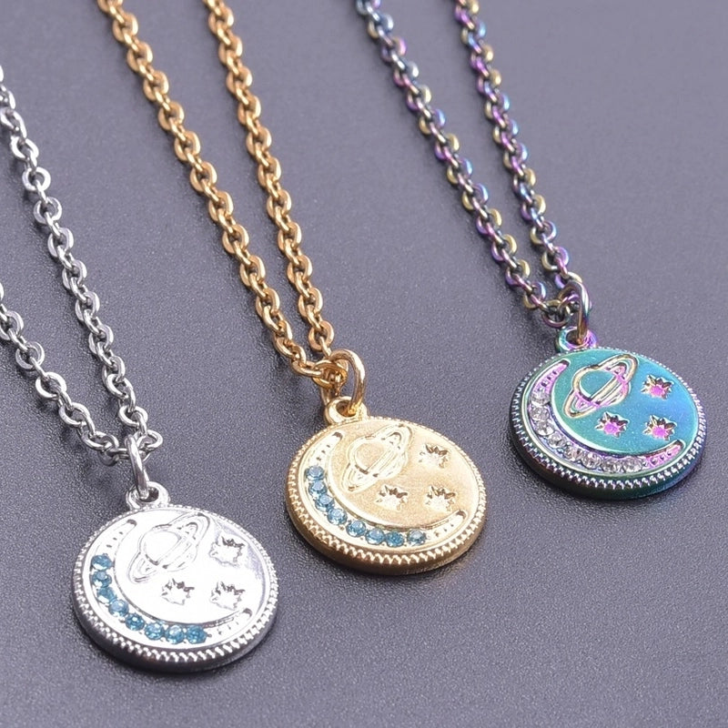 304 Stainless Steel 18K Gold Plated Basic Modern Style Classic Style Plating Inlay Geometric Moon Planet Rhinestones Pendant Necklace