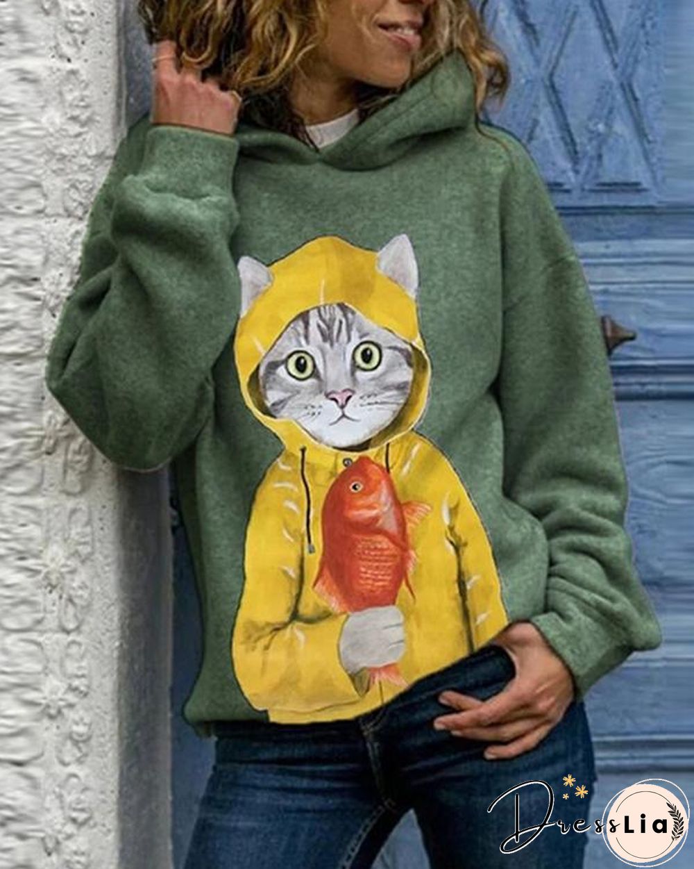 Cartoon Cat Print Long Sleeve Casual Hoodie For Women