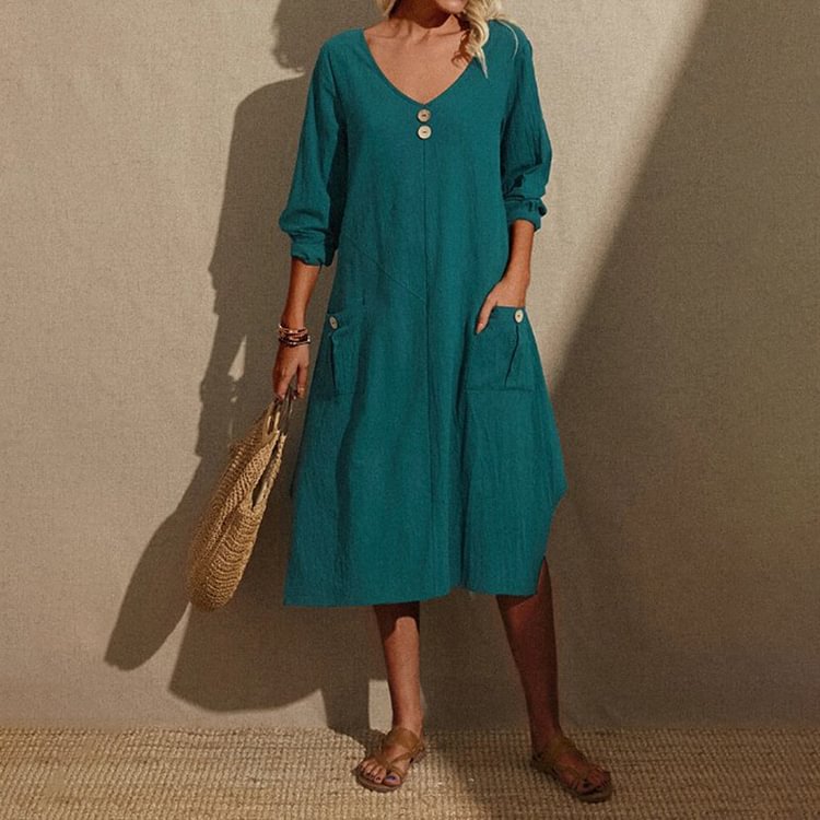 Comstylish Solid Color V-Neck Cotton And Linen Midi Dress