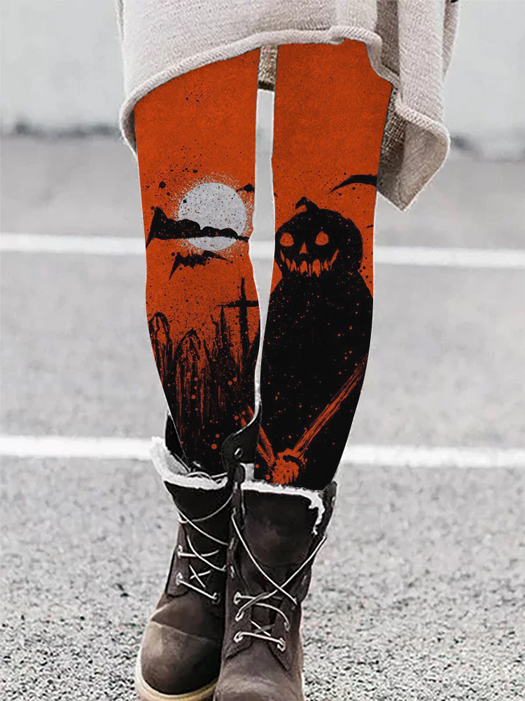 Vintage Halloween Pumpkin Ghost Art Casual Leggings artswardrobe
