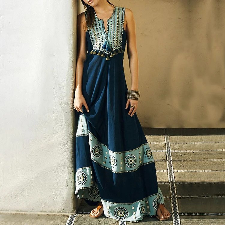 Bohemian Ethnogeometry Beading Tassel Art Sleeveless Cozy Linen Maxi Dress