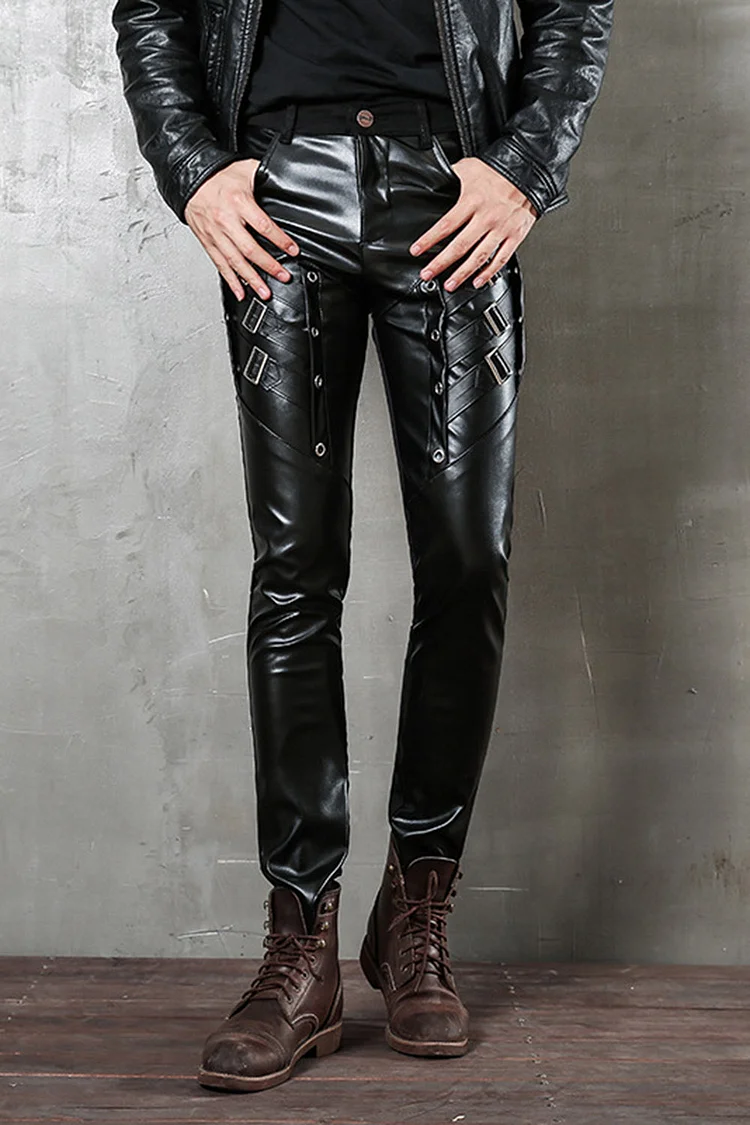 Gothic Black Casual PU Leather Patchwork Grommet Straps Pants