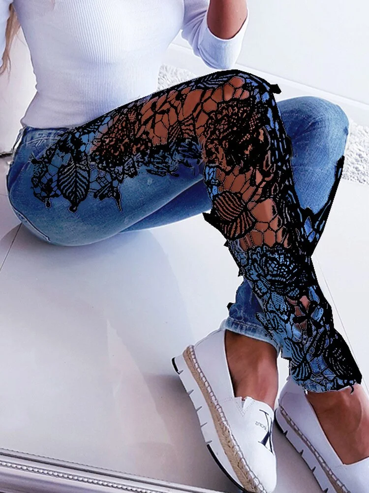 Plus Size 3XL Lace Floral Crochet Hollow-Out Jeans Autumn Women Elegant Sexy Denim Pencil Skinny Jeans