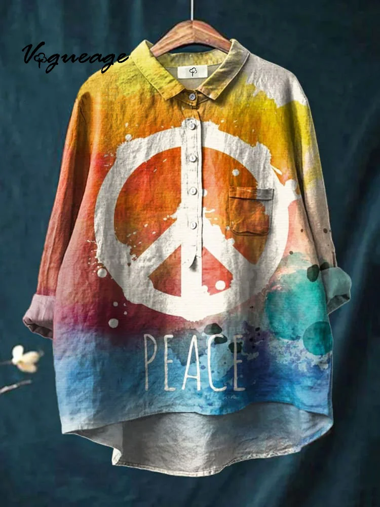 Simple And Stylish Graffiti Peace Pattern Print Cotton And Linen Shirt