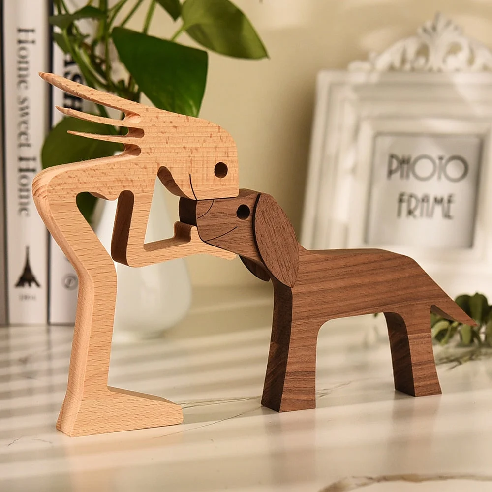 Human and Dog Craft Figurine Desktop Table Ornament Wood Men Puppy Model Creative Home Office Decoration Gift Lovely Dropship