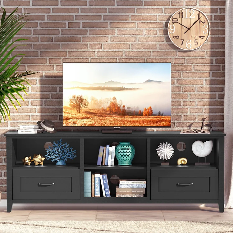 BTMWAY TV Stand for 75 Inch TV, Modern TV Cabinet with 2 Drawers and 4 High-Capacity Storage Compartment, TV Console Table Television Stand for Living Room Bedroom, 70.08''x15.35''x24.8'', Black
